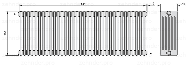 Схема (чертеж) Радиатор Zehnder Charleston 6090/34 №1670 Белый глянцевый RAL 9016
